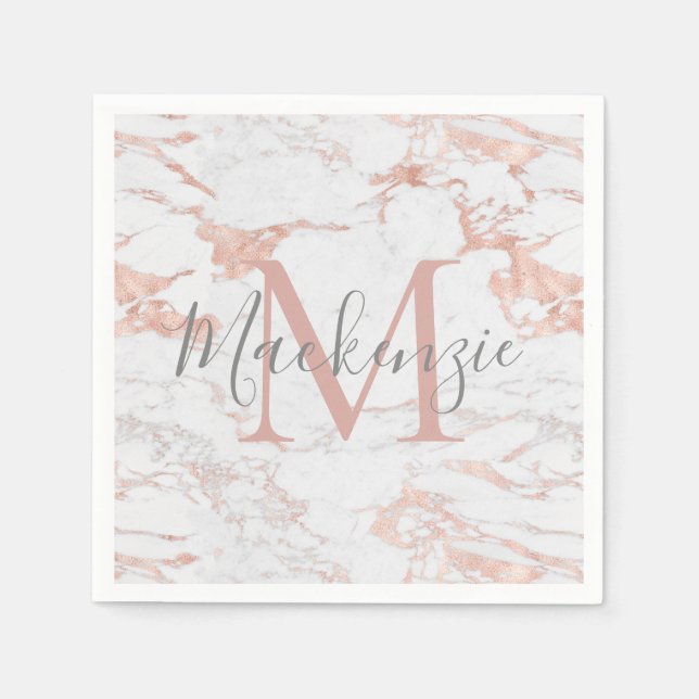 Serviette En Papier Fille Rose Gold Foil | Monogramme de marbre (Devant)