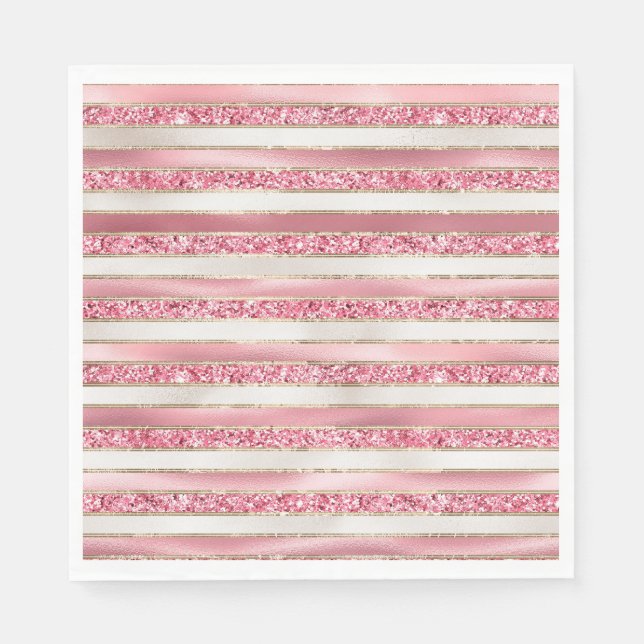 Serviette En Papier Fille rose perle Parties scintillant rayures (Devant)