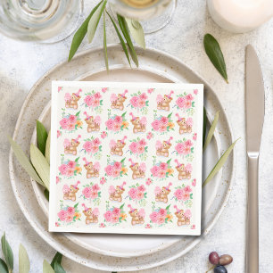 Serviette En Papier Fille Rose Teddy Ours Crème de glace avec pivoines