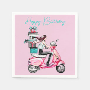 Serviette En Papier Fille sur un scooter avec des cadeaux
