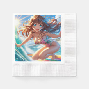 Serviette En Papier Fille surfeuse d'anime côtier/nautique/tropical
