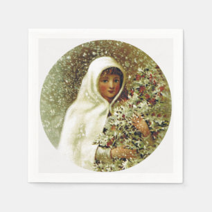Serviette En Papier fille victorienne d'hiver branche de baie de houx