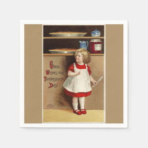 Serviette En Papier Fille vintage en Robe Rouge Papier Thanksgiving