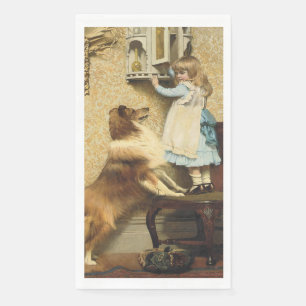 Serviette En Papier Fille Vintage et Art de Chien Sheltie Lieu Secret