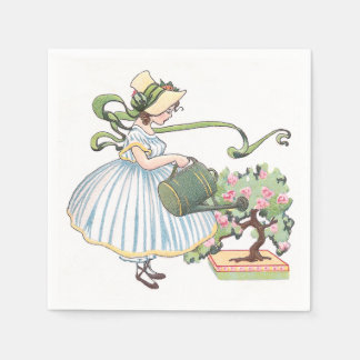 Serviette En Papier Fille Watering Bonsai Vintage