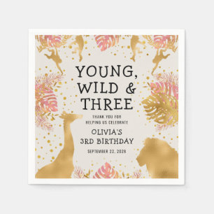 Serviette En Papier Filles 3e anniversaire fête Pink Gold Ecru Safari