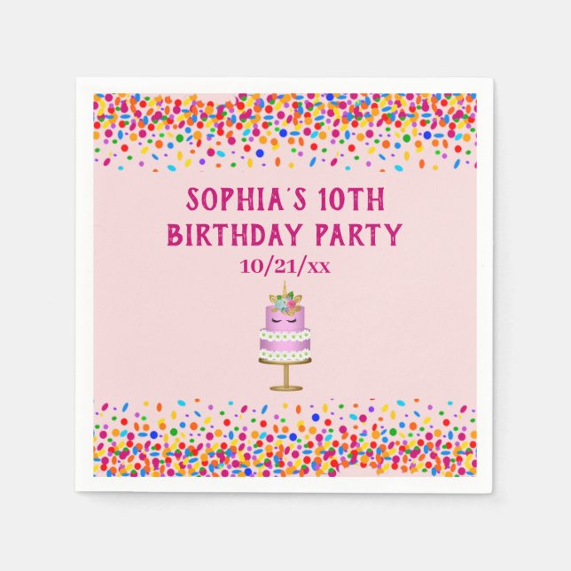 Serviette En Papier Filles Anniversaire Pink Unicorn Cake Rainbow Conf (Devant)