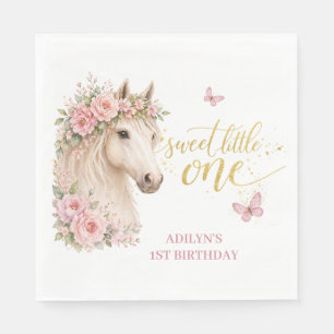 Serviette En Papier Filles Fleurs Roses Cheval 1er Anniversaire
