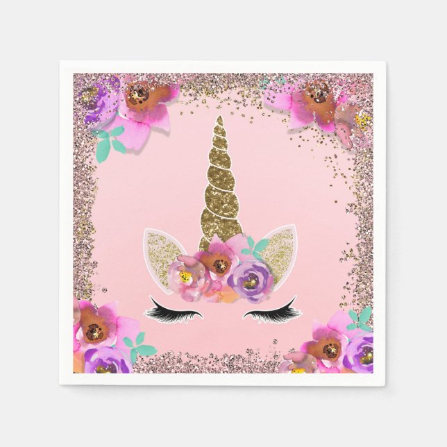 Serviette En Papier Filles Floral & Gold Parties scintillant Unicorn f (Devant)
