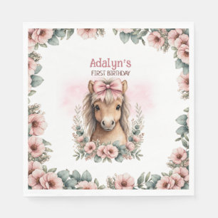 Serviette En Papier Filles Mignon Cheval Floral Rose 1er Anniversaire