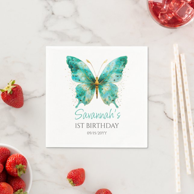 Serviette En Papier Filles mignonnes papillon vert Turquoise 1er anniv (En situation)
