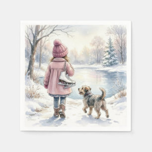 Serviette En Papier Fillette à l'aquarelle avec patins à glace et chie