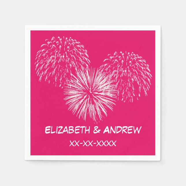 Serviette En Papier Fireworks, Arrière - plan framboise, Name Monogram (Devant)