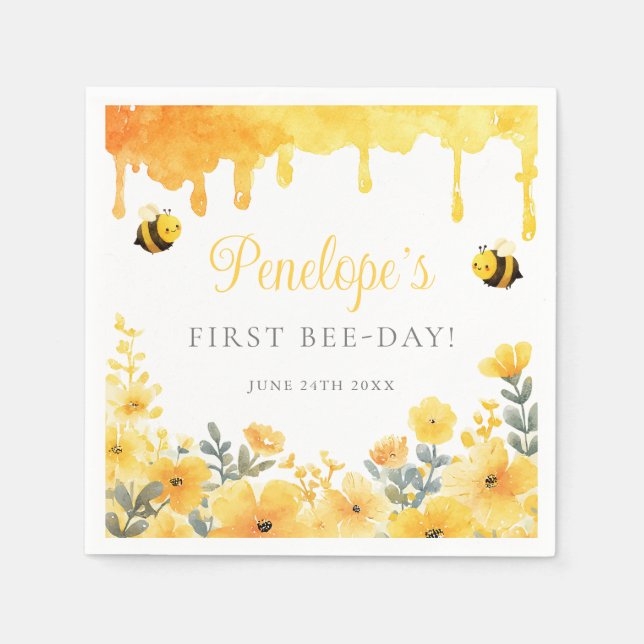 Serviette En Papier First Bee Day Yellow Wildflowers 1st Birthday (Devant)