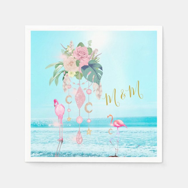 Serviette En Papier Flamant Floral Ocean Sea Jewels Rose  (Devant)