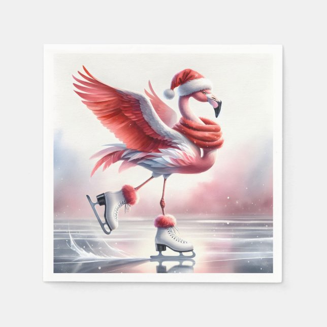 Serviette En Papier Flamant rose De Noël Sur Patins (Devant)