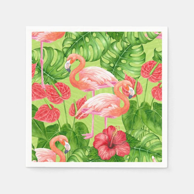 Serviette En Papier Flamant rose et plantes tropicaux (Devant)