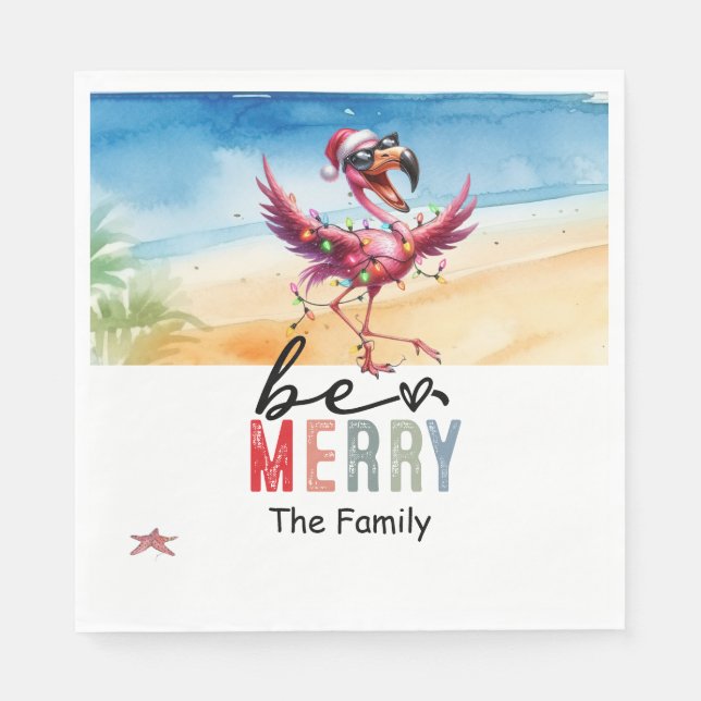 Serviette En Papier Flamant rose Noël en juillet à la plage (Devant)