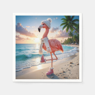 Serviette En Papier Flamant Rose Portant des Bottes et une Écharpe d'H