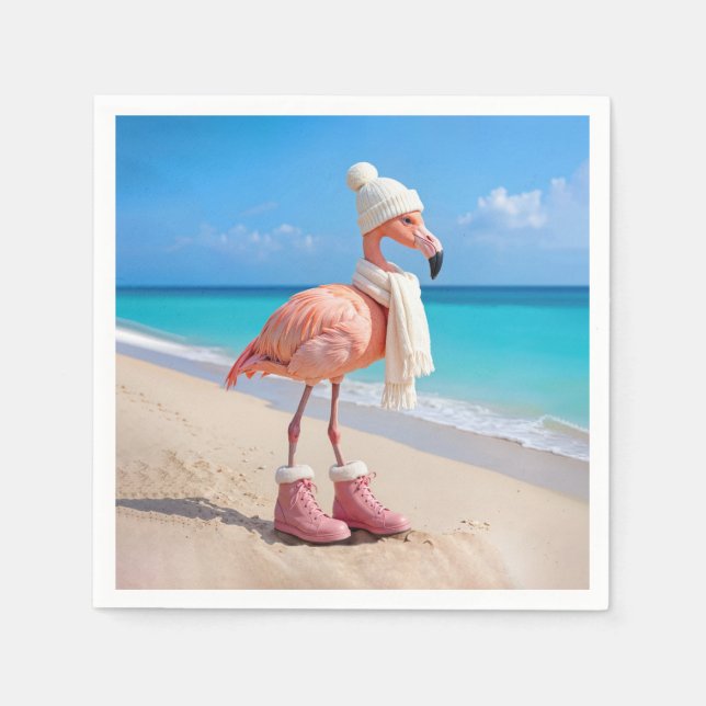 Serviette En Papier Flamant Rose Portant une Écharpe et un Chapeau d'H (Devant)
