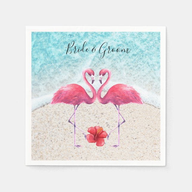 Serviette En Papier Flamant rose rose amoureux à la plage Mariage (Devant)