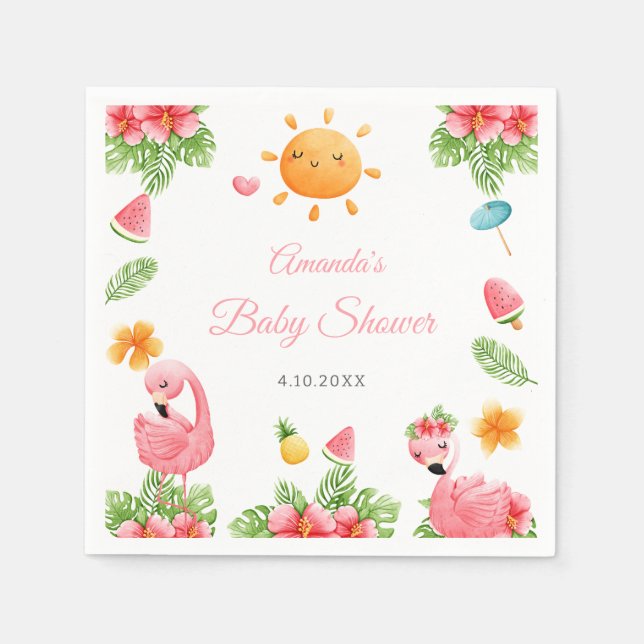 Serviette En Papier Flamant rose rose Fleurs tropicales Baby shower se (Devant)