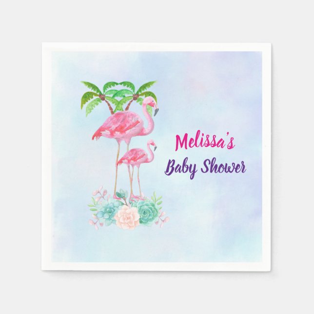 Serviette En Papier Flamant rose rose Momma & bébé avec palmiers (Devant)