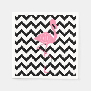 Serviette En Papier Flamant rose rose monogramme + Chevron noir