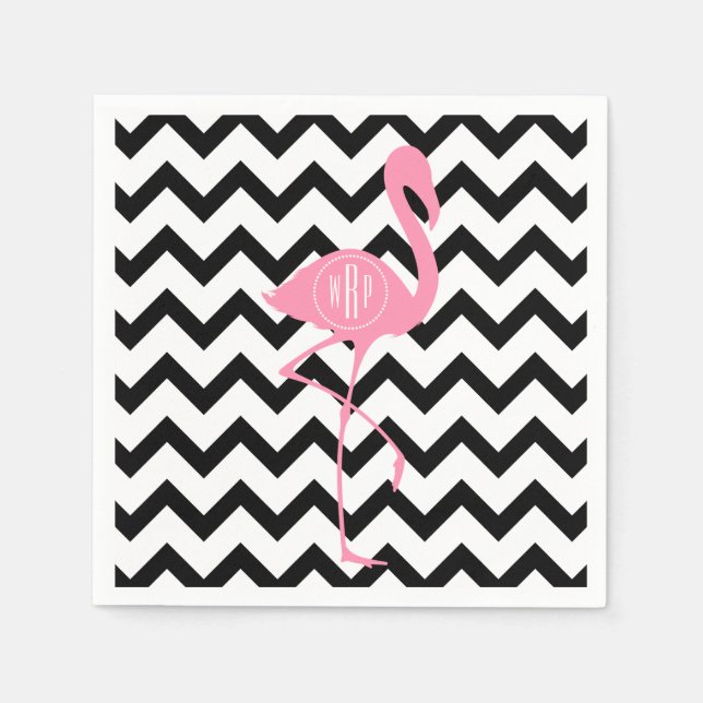 Serviette En Papier Flamant rose rose monogramme + Chevron noir (Devant)