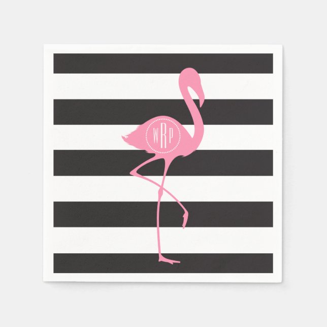 Serviette En Papier Flamant rose rose monogramme + noir + blanc (Devant)
