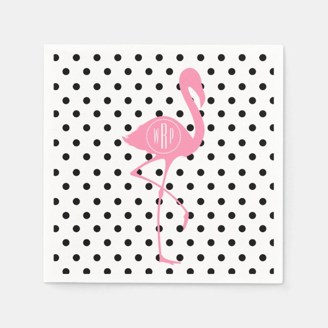 Serviette En Papier Flamant rose rose monogramme + point noir Polka (Devant)