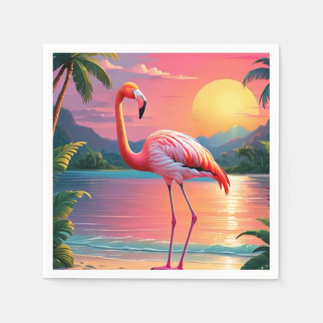 Serviette En Papier Flamant rose Sunset Tropical Beach (Devant)