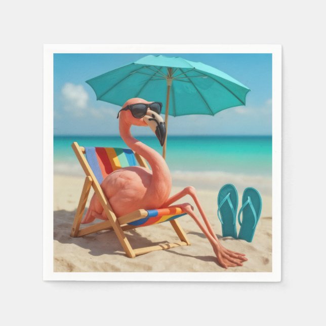 Serviette En Papier Flamant rose Sur Transat De Plage (Devant)