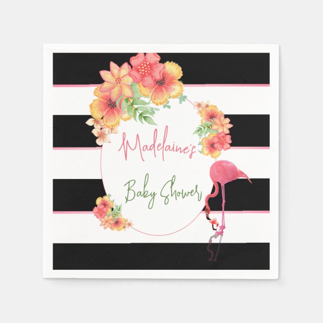 Serviette En Papier Flamant rose tropical Baby shower en bande noire r (Devant)