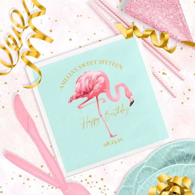 Serviette En Papier Flamant rose tropical doux 16 Joyeux anniversaire  (Créateur téléchargé)