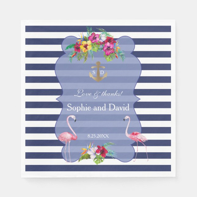 Serviette En Papier Flamant rose tropical Floral Luau Navy Stripes Mar (Devant)