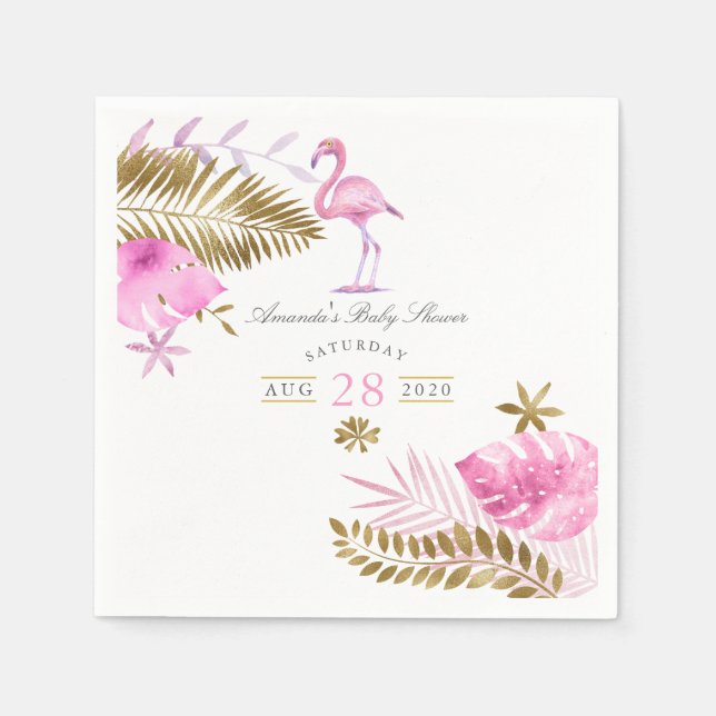 Serviette En Papier Flamant rose Tropical rose et or Baby shower fille (Devant)
