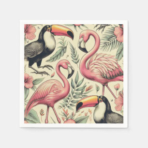 Serviette En Papier Flamant rose vintage et Toucan sans couture