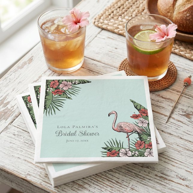 Serviette En Papier Flamant Tropical Moderne (Hand-drawn tropical bridal shower napkins with modern chic pink flamingo and floral illustrations)
