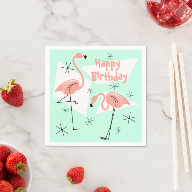 Serviette En Papier Flamants roses Retro Green Joyeux anniversaire (En situation)