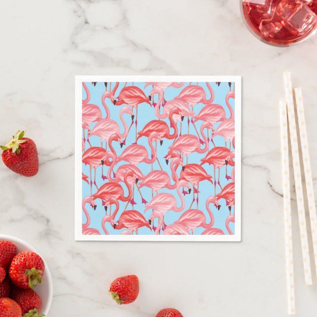Serviette En Papier Flamants roses Roses Clairs Sur Bleu (En situation)