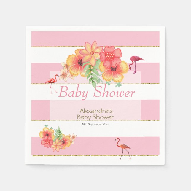 Serviette En Papier Flamants roses tropicaux Baby shower en bande rose (Devant)