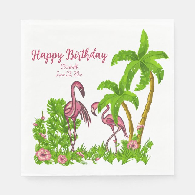 Serviette En Papier Flamants roses tropicaux et fleurs Papier Napkin (Devant)