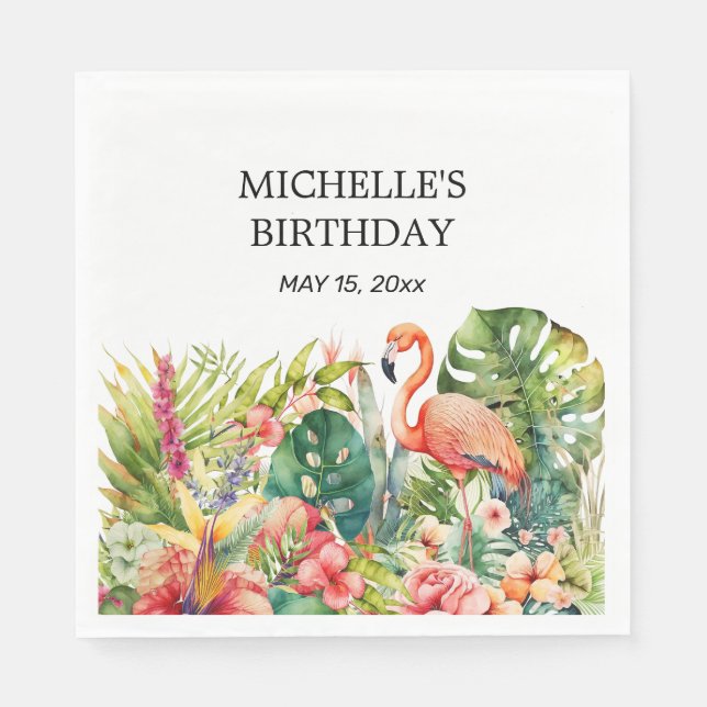 Serviette En Papier Flamingo Fleur Tropicale Joyeux Anniversaire Nom (Devant)