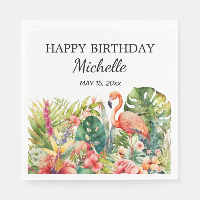 Serviette En Papier Flamingo Fleur Tropicale Joyeux Anniversaire Nom (Devant)