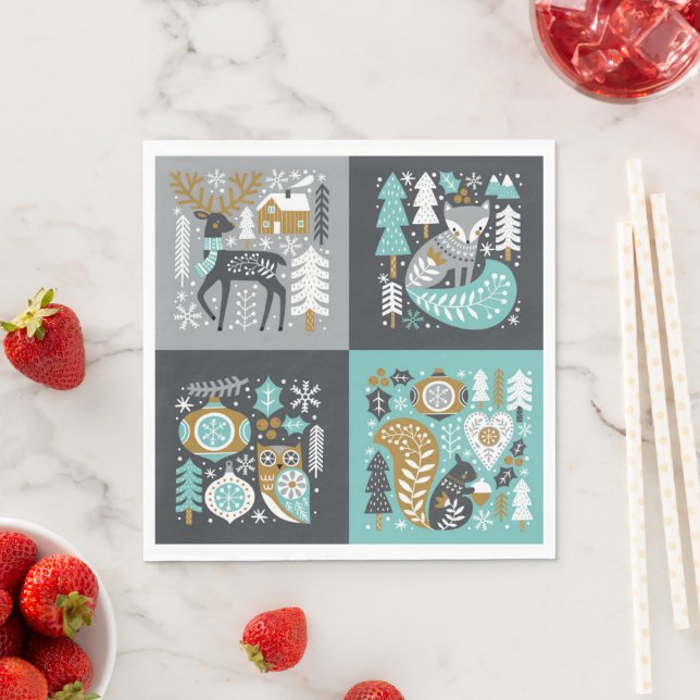 Serviette En Papier Flammes de neige des animaux des bois Noël scandin (En situation)