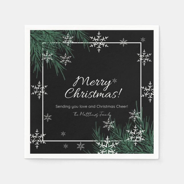 Serviette En Papier Flammes de neige vertes noires Joyeux Noël (Devant)