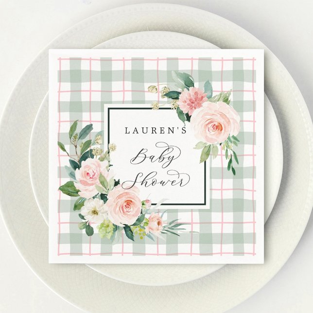 Serviette En Papier Fleur aquarelle | Baby shower Pastel Plaid (Créateur téléchargé)