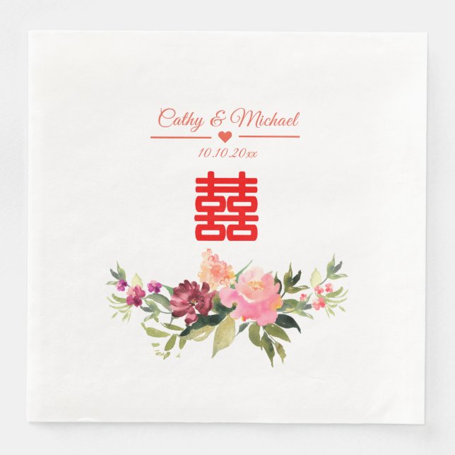 Serviette En Papier Fleur aquarelle double bonheur mariage chinois (Devant)