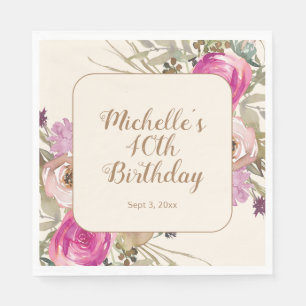 Serviette En Papier Fleur aquarelle rose violet tendre 40e anniversair